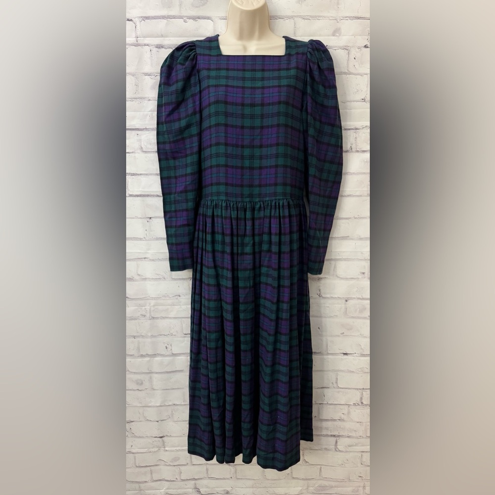Laura Ashley Size 10 Vintage 80’s Plaid Wool Maxi Dress Green Purple Tartan